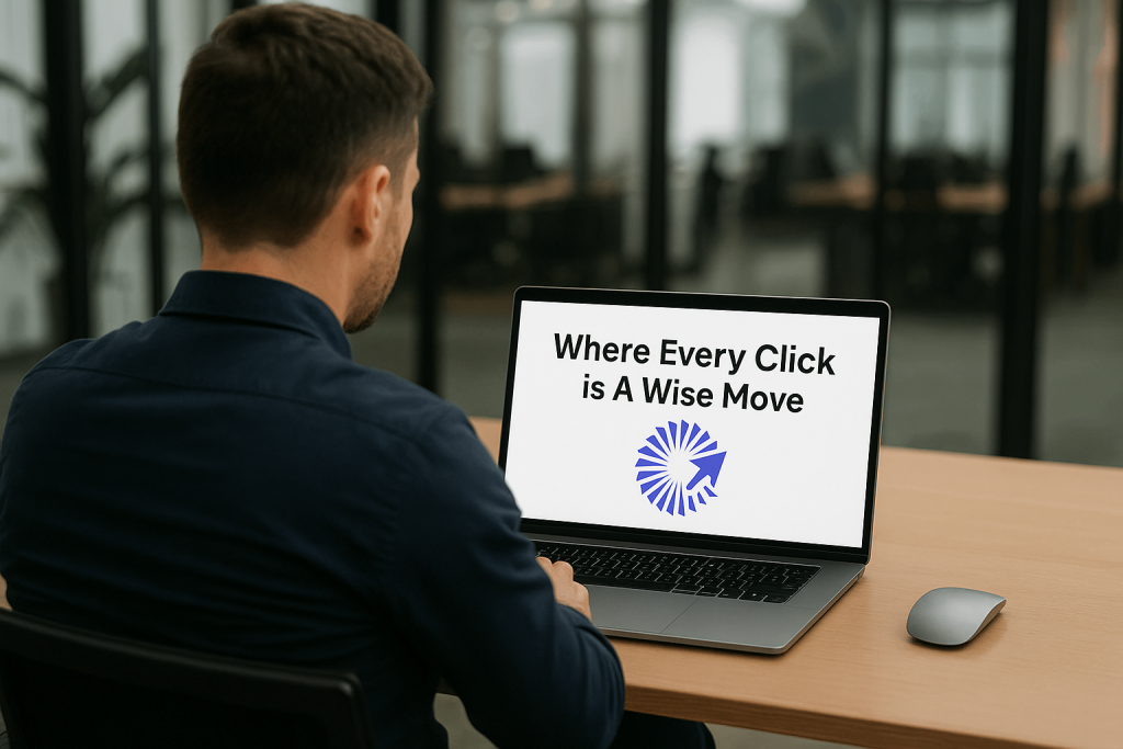 A person is using a laptop in an office.